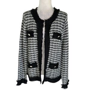 Laura Ashley Vintage Black White Metallic Silver Button Fringe Knit Cardigan - M